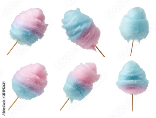 Fluffy pink and blue cotton candy on sticks, isolated transparent background