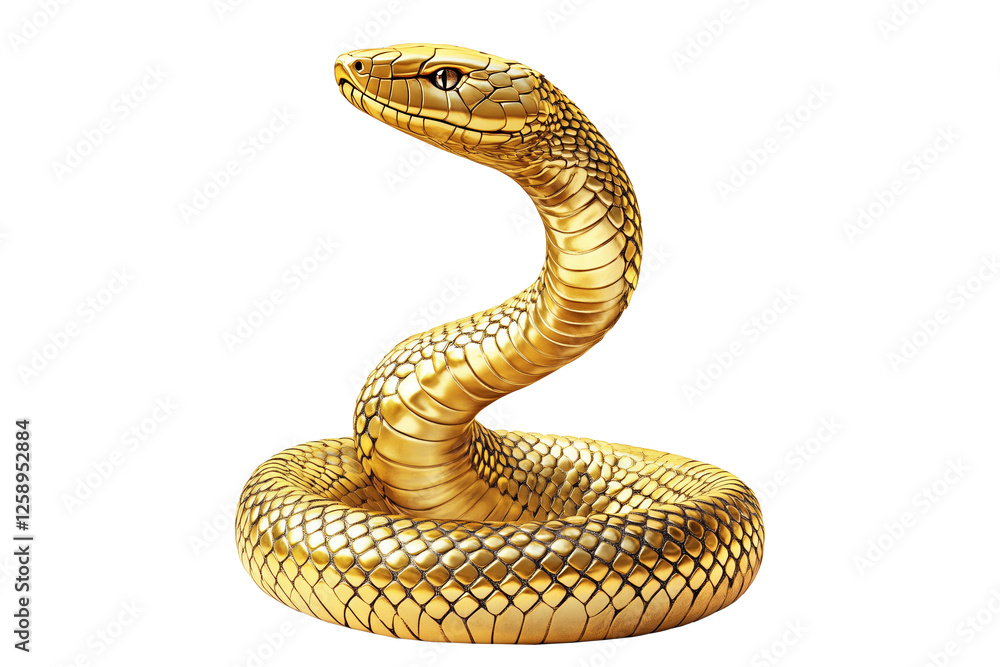 Fototapeta premium Coiled golden snake sculpture with detailed scales isolated on white transparent background, reptiles or wildlife, symbolizing Chinese Lunar New year