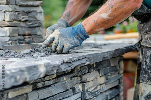 Generative AI Image of a Stonemason Working with Stone, Shaping and Carving Stone Surface photo