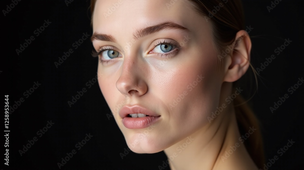 Fototapeta premium Elegant profile of a woman with blue eyes against a dark background.