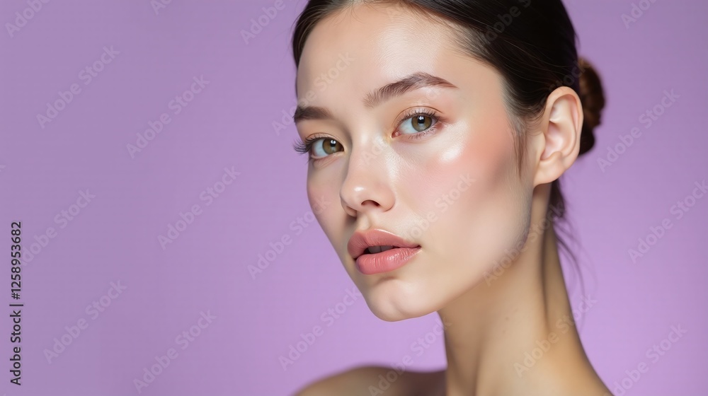 Arresting close-up of a serene woman against a soft purple backdrop.