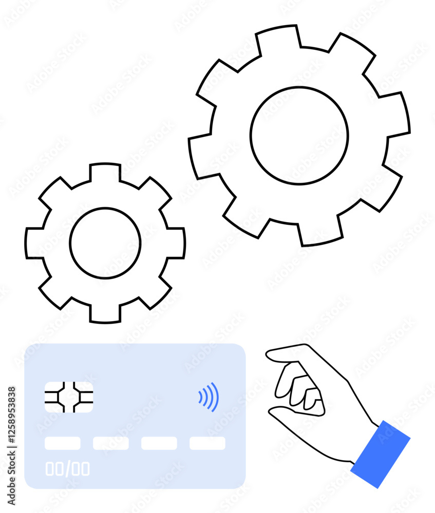 Hand interacting with credit card, two gears symbolizing process automation, efficiency, and technology. Ideal for payments, fintech, banking, innovation, technology commerce abstract line flat Hand interacting with credit card, two gears symbolizing process automation, efficiency, and technology. Ideal for payments, fintech, banking, innovation, technology commerce abstract line flat