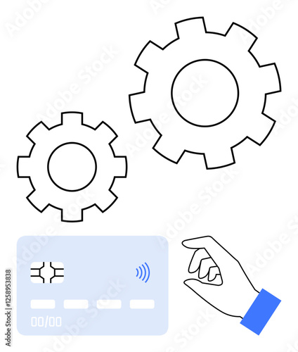 Hand interacting with credit card, two gears symbolizing process automation, efficiency, and technology. Ideal for payments, fintech, banking, innovation, technology commerce abstract line flat