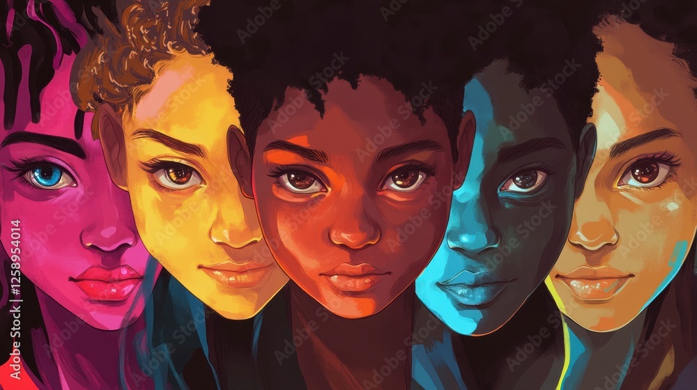 Fototapeta premium Empowered Young People: Diverse Faces, Unity, Strength, and Support