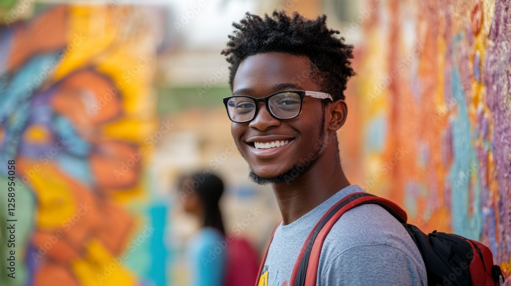 Naklejka premium Smiling African American man portrait outdoors near colorful graffiti art