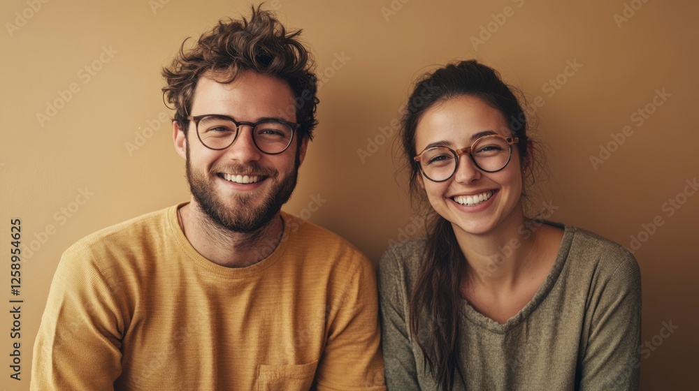 Smiling Couple Portrait, Matching Glasses, Joyful Expression Smiling Couple Portrait, Matching Glasses, Joyful Expression