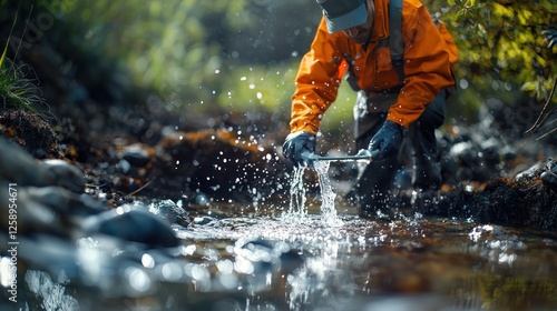 Water Sampling in a pristine mountain stream.  A scientist in orange waders carefully collects a water sample for analysis, ensuring environmental protection and ecological research.