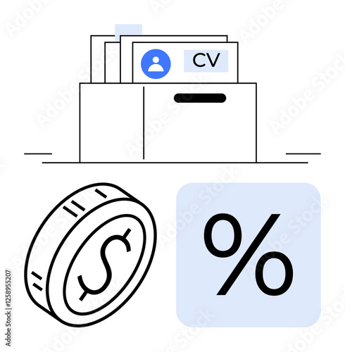 CV documents in a folder alongside dollar coin and percentage symbol highlight job application, career opportunities, salary assessment, financial planning, recruitment, market analysis, abstract