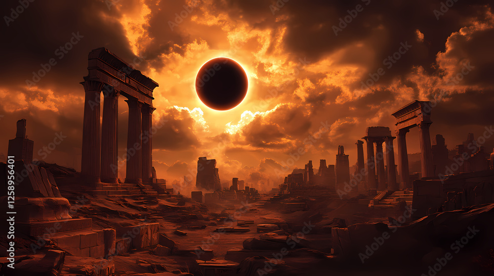 Fototapeta premium A dramatic view of ancient ruins under a solar eclipse, surrounded by dark clouds and atmospheric lighting. Solar Eclipse Temples. Illustration