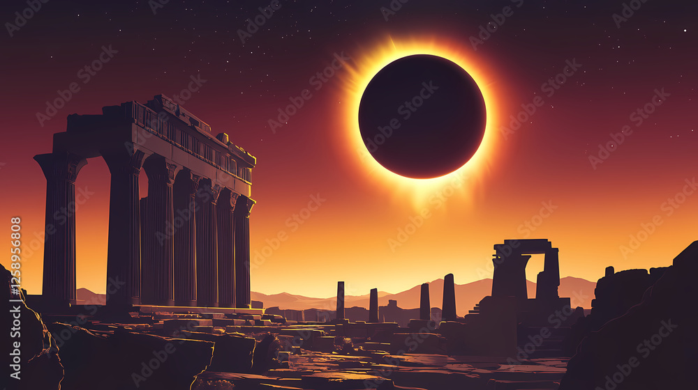 Fototapeta premium A powerful illustration of a lunar eclipse casting a shadow over an ancient temple. Solar Eclipse Temples. Illustration