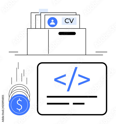 CV folder with profiles, coding symbol on screen, and dollar coins stacking. Ideal for recruitment, job search, tech careers, coding, HR processes online resumes and job applications. Line metaphor