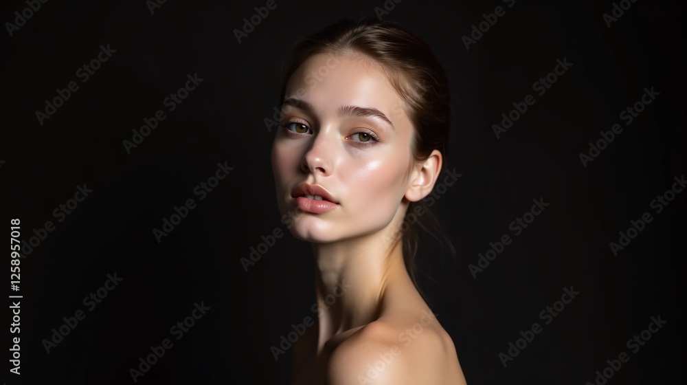 A serene model with soft illumination on her face against a dark background. A serene model with soft illumination on her face against a dark background.