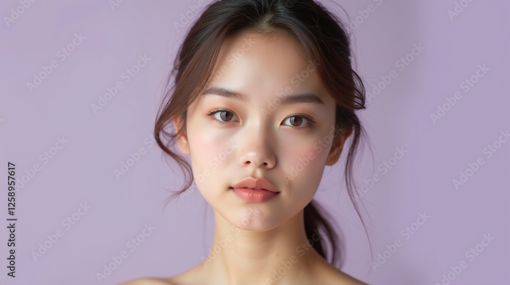 The image showcases a young woman with a serene expression against a lilac backdrop. The image showcases a young woman with a serene expression against a lilac backdrop.