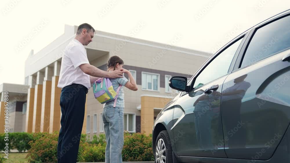 caring father by car sees child kid girl daughter school, happy family, school building background, father helps child kid girl daughter put backpack, girl with school backpack goes school, man father caring father by car sees child kid girl daughter school, happy family, school building background, father helps child kid girl daughter put backpack, girl with school backpack goes school, man father