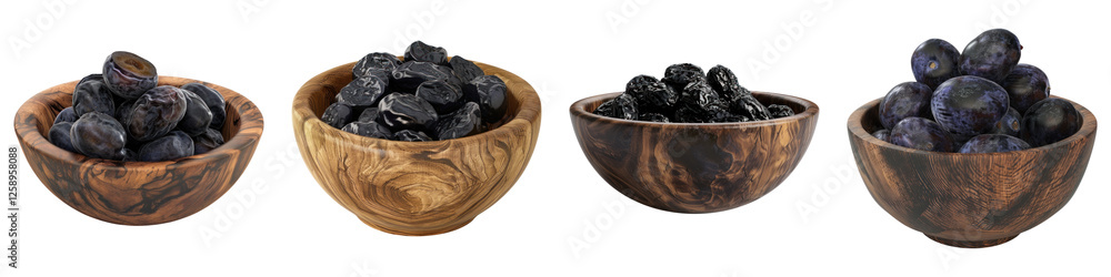 Prunes in a wooden bowl isolated on transparent background ,PNG, set of Prunes in a wooden bowl isolated on transparent background ,PNG, set of