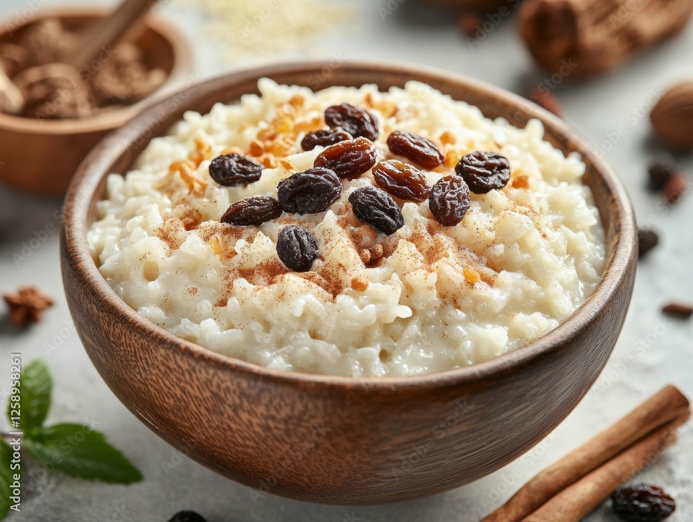 A bowl of rice pudding with cinnamon and raisins. Featuring creamy texture and sweet flavor. Highlighting a classic and comforting dessert. Ideal for dessert recipes and comfort food blogs. A bowl of rice pudding with cinnamon and raisins. Featuring creamy texture and sweet flavor. Highlighting a classic and comforting dessert. Ideal for dessert recipes and comfort food blogs.