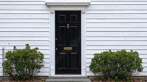 Black door with a gold trim sits in front of a white house