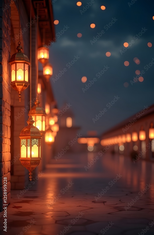 Naklejka premium Eid Mubarak Banner with Ramadan Kareem Background, Glowing Lanterns, and Holy Month Celebration Template