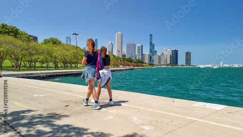Fényképezés Breathtaking aerial perspective of Chicago skyline with shimmering lakefront