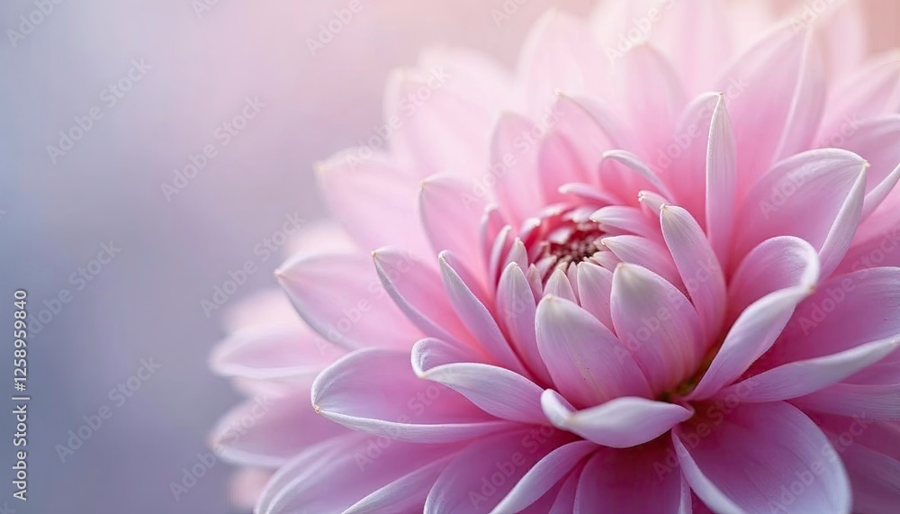 Obraz premium Macro shot of a delicate dahlia with pastel pink and lavender petals, dreamy atmosphere, soft focus, romantic botanical composition 