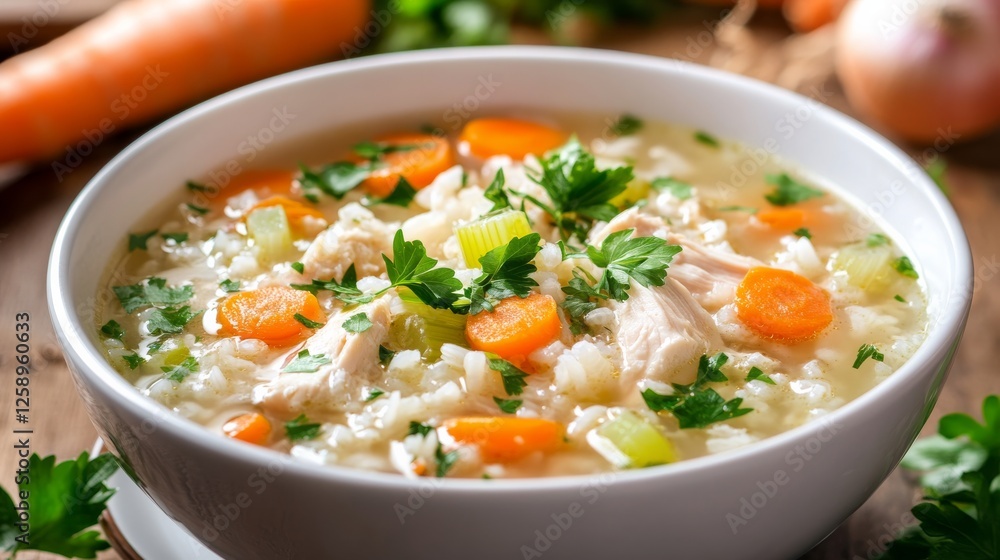Chicken and rice soup with vegetables, parsley, and white bowl. Emphasizing comforting and nourishing nature, ideal for soup recipes and wholesome meals with a warm presentation. Chicken and rice soup with vegetables, parsley, and white bowl. Emphasizing comforting and nourishing nature, ideal for soup recipes and wholesome meals with a warm presentation.