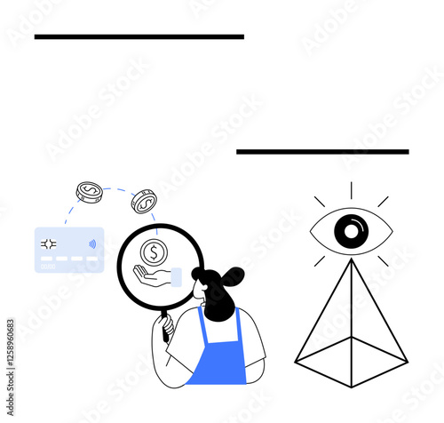 Woman using magnifying glass to inspect payment card and coins, alongside an eye atop a pyramid. Ideal for financial analysis, security, transactions, fintech, observation, scrutiny, awareness