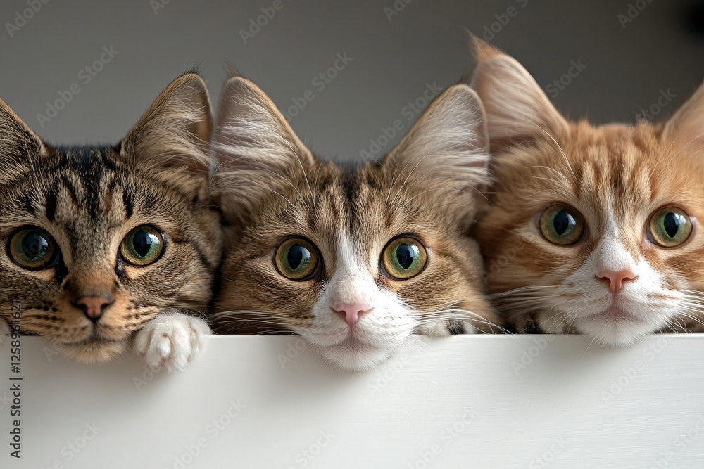 A group of cats with different breeds and colors peer over a white border, showcasing their curious and mesmerizing expressions A group of cats with different breeds and colors peer over a white border, showcasing their curious and mesmerizing expressions