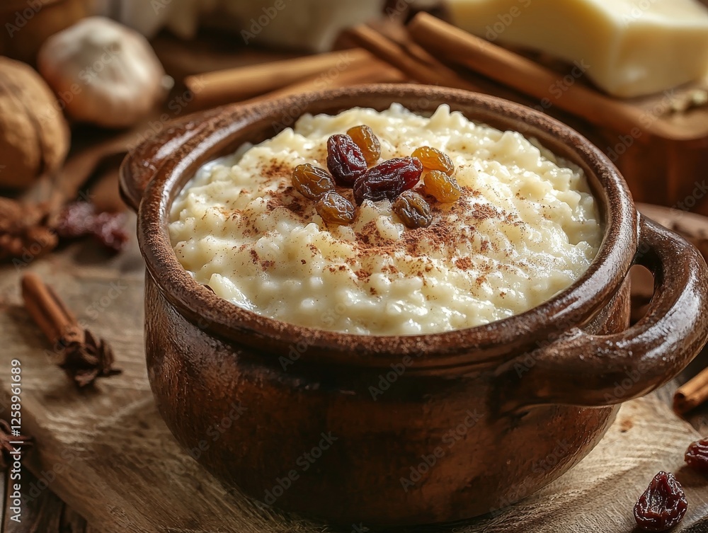 A rustic kitchen scene with a pot of rice pudding. Featuring creamy rice pudding with cinnamon and raisins. Highlighting a comforting and traditional dessert. Ideal for dessert blogs and cookbooks. A rustic kitchen scene with a pot of rice pudding. Featuring creamy rice pudding with cinnamon and raisins. Highlighting a comforting and traditional dessert. Ideal for dessert blogs and cookbooks.