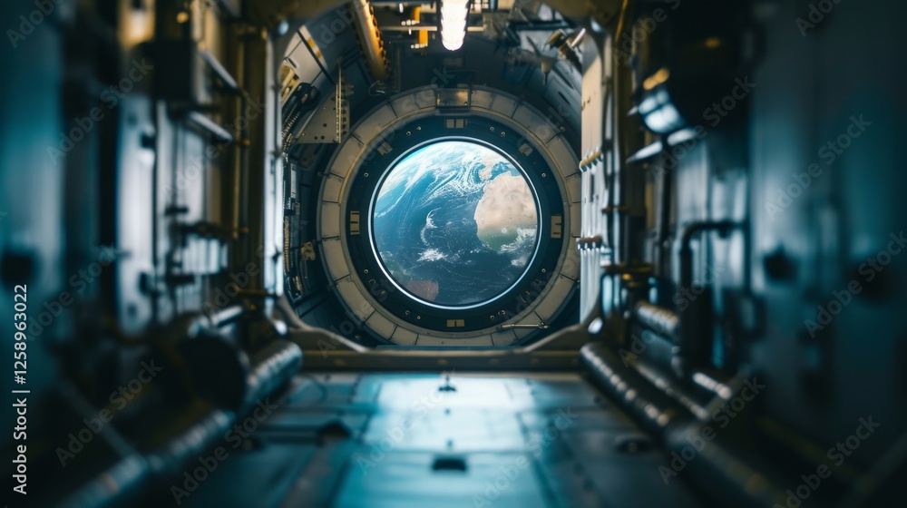 Fototapeta premium A captivating perspective of Earth seen through the interior of a spacecraft window, highlighting the detailed framework and vibrant planet. AI generated.