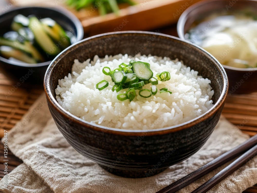 A traditional Japanese rice bowl with miso soup. Featuring steamed rice, pickles, and miso soup. Emphasizing authentic Japanese cuisine. Ideal for cultural and culinary blogs. A traditional Japanese rice bowl with miso soup. Featuring steamed rice, pickles, and miso soup. Emphasizing authentic Japanese cuisine. Ideal for cultural and culinary blogs.