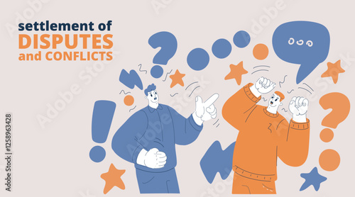 Cartoon vector illustration of two men in a heated argument, representing conflict, disagreement, and tension