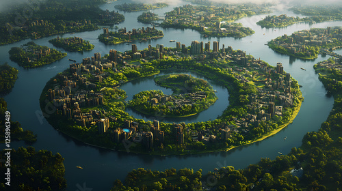 Serpentine river encircles lush green island city. Serpentine Cities. Illustration photo