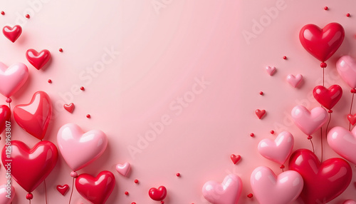 Colorful heart balloons on pink background, Valentine's Day greeting card with copy space
