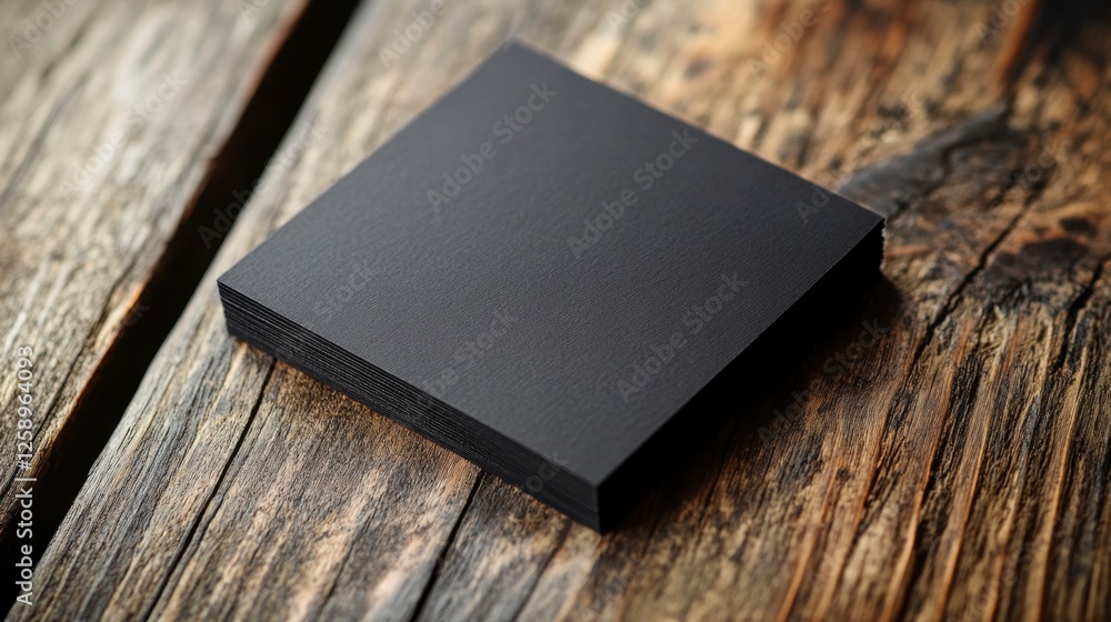 Fototapeta premium Square Black Cards Pile on Rustic Table, Mockup Style