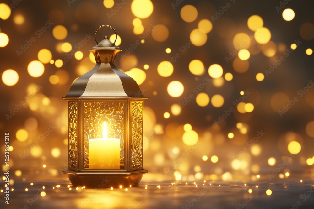 Golden Lantern with Candlelight: Warm Festive Bokeh Background Golden Lantern with Candlelight: Warm Festive Bokeh Background