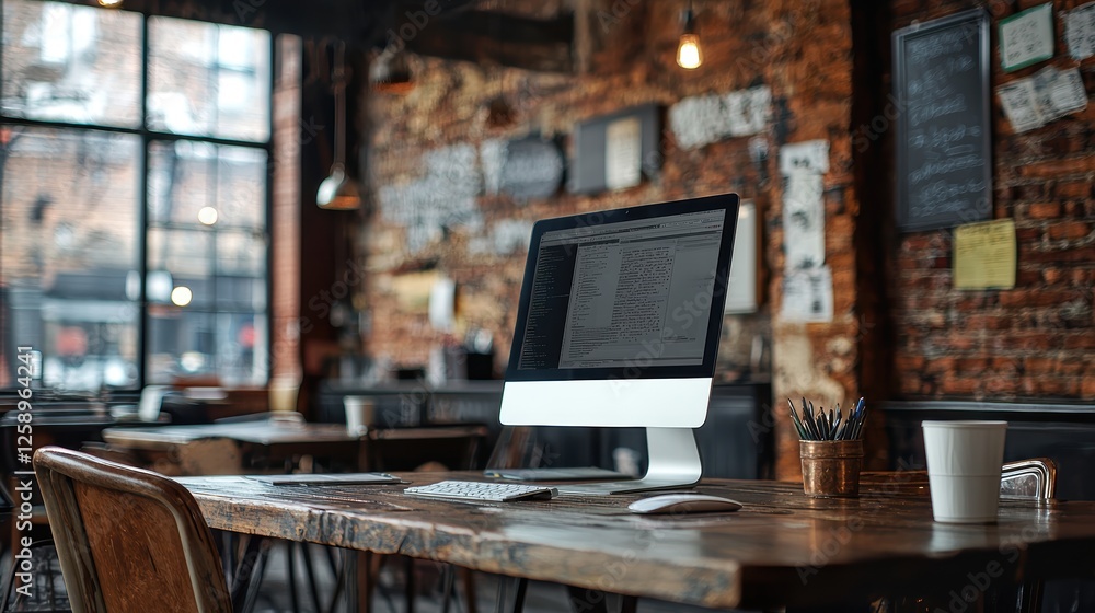 Modern Workspace Setup in Cozy Industrial-Style Café Modern Workspace Setup in Cozy Industrial-Style Café