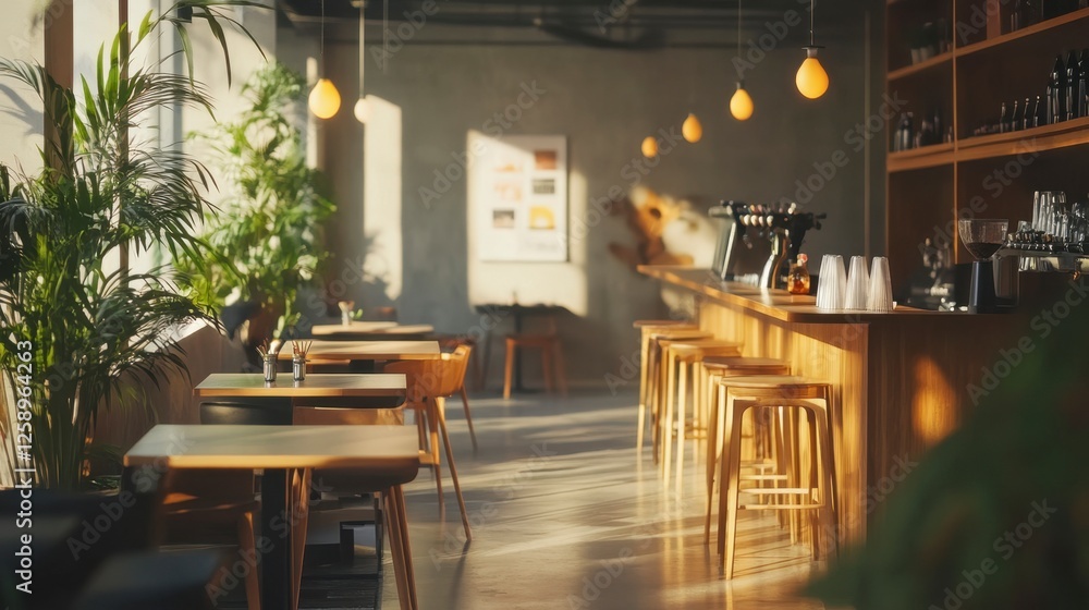 Cozy cafe interior during Golden Hour of sun rays Cozy cafe interior during Golden Hour of sun rays
