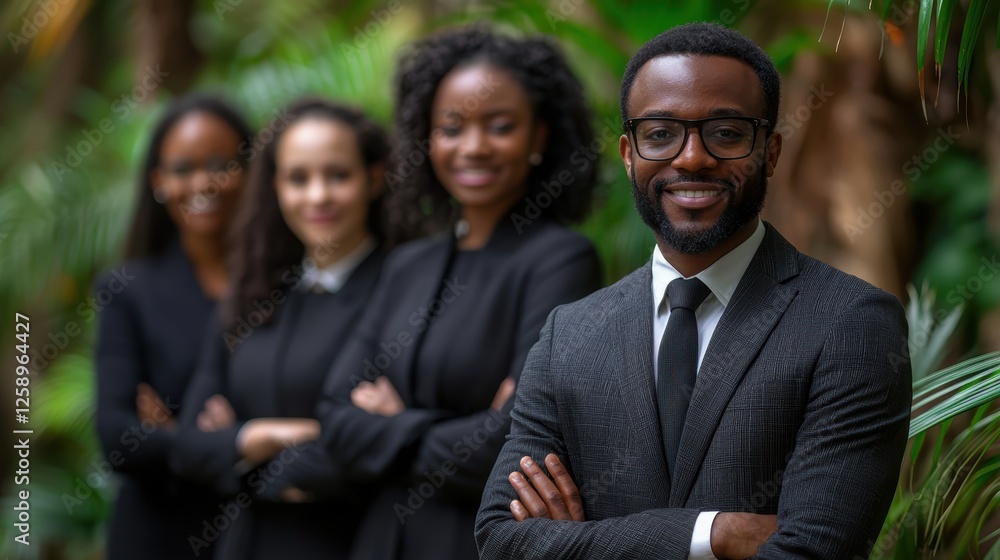 Group of people are standing together, one of whom is wearing a suit and tie Group of people are standing together, one of whom is wearing a suit and tie