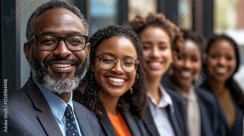 Group of people are smiling and wearing business attire