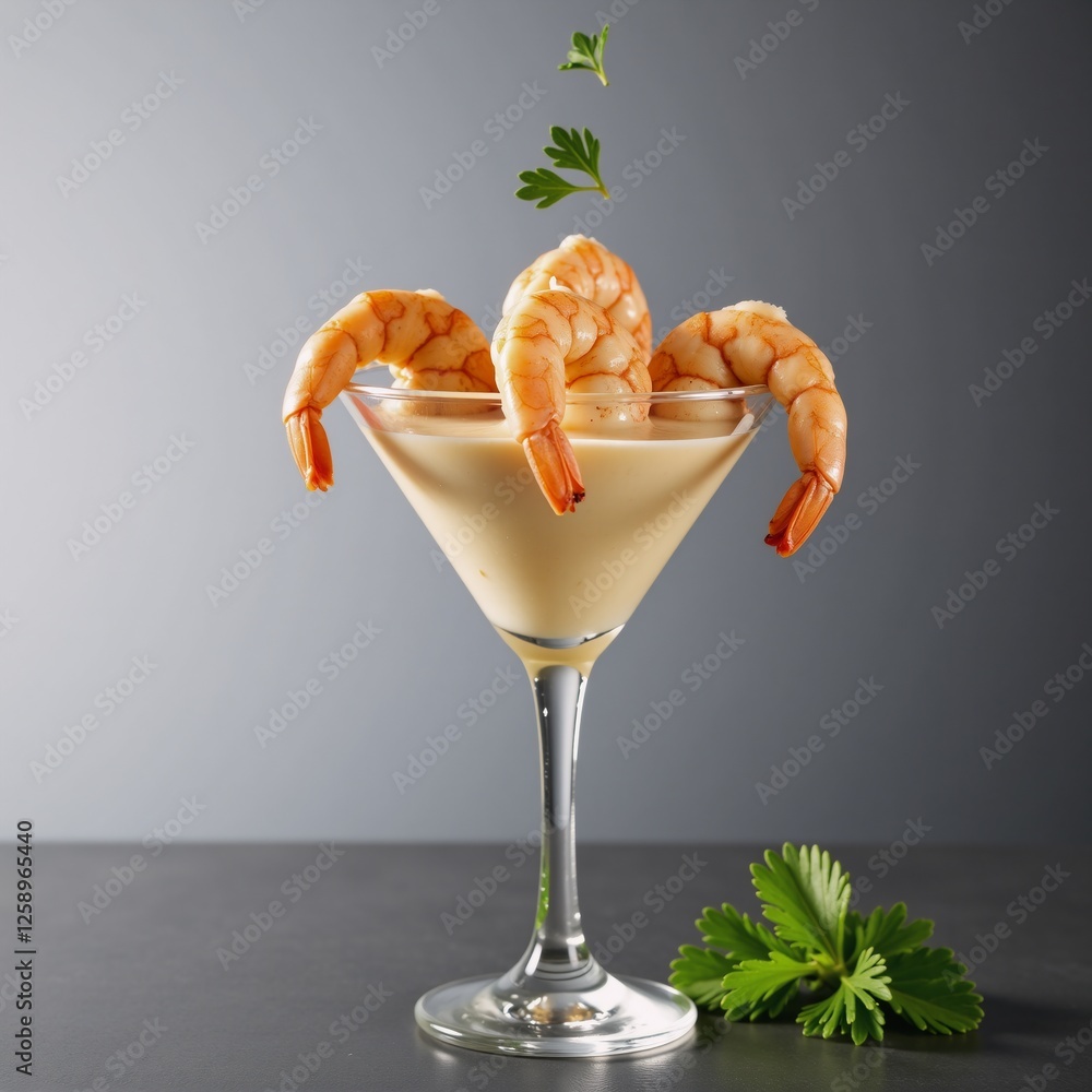 Stylish ad image featuring vibrant garlic butter shrimp cocktail in a modern martini glass with swirling parsley and colorful gradients