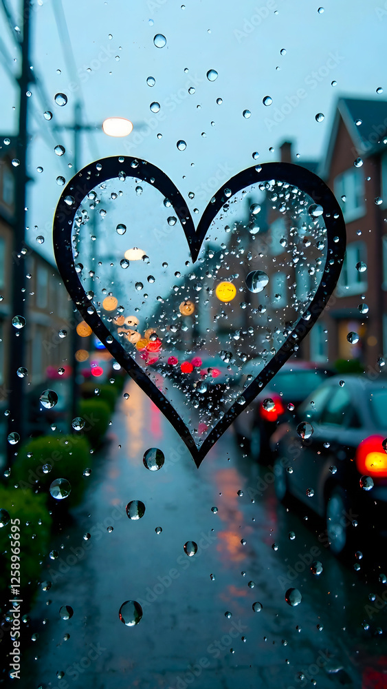 Obraz premium Drawing of heart outline on dripping glass. Rainy city street outside the window in the afternoon.