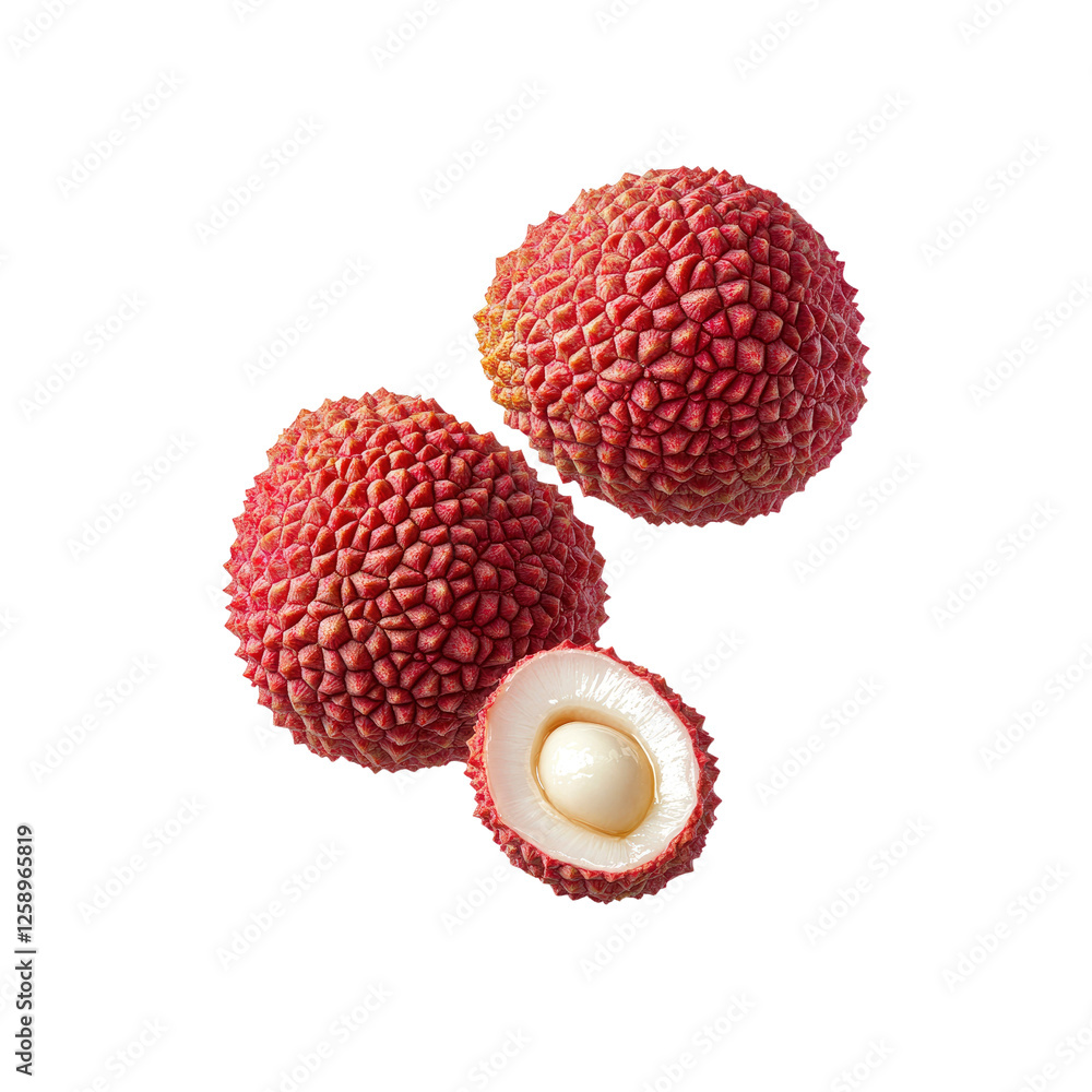 Fresh Lychees Two Whole and One Halved, Isolated on Black Fresh Lychees Two Whole and One Halved, Isolated on Black
