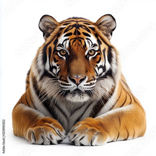 A majestic tiger lying down, staring directly ahead, isolated on a clean white background.