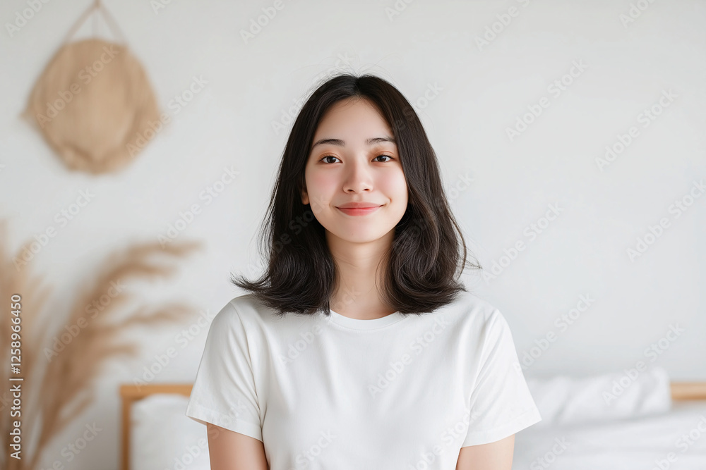 Smiling Young Woman in White T-Shirt Posing in Minimalist Interior – Natural Beauty and Confidence Smiling Young Woman in White T-Shirt Posing in Minimalist Interior – Natural Beauty and Confidence