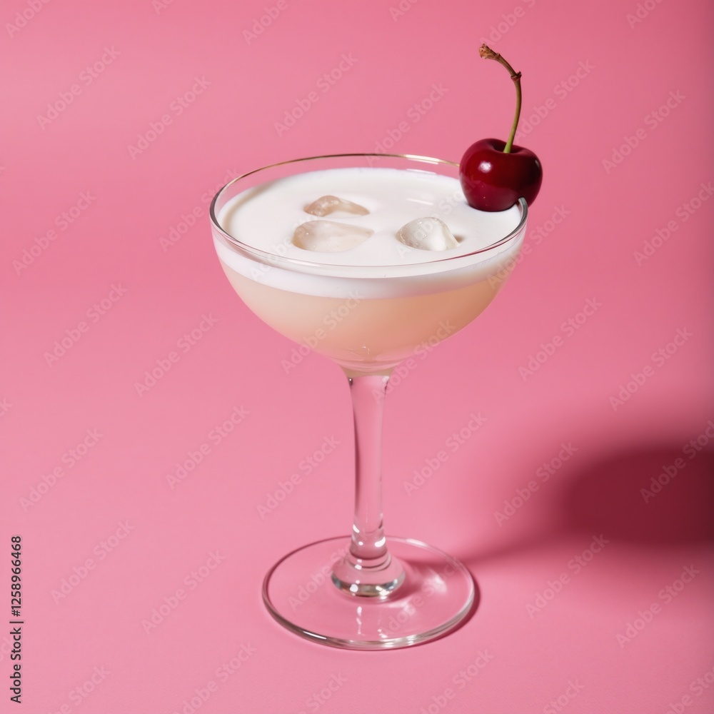 White cocktail with cherry against a pink backdrop for party-themed design Copy Space White cocktail with cherry against a pink backdrop for party-themed design Copy Space