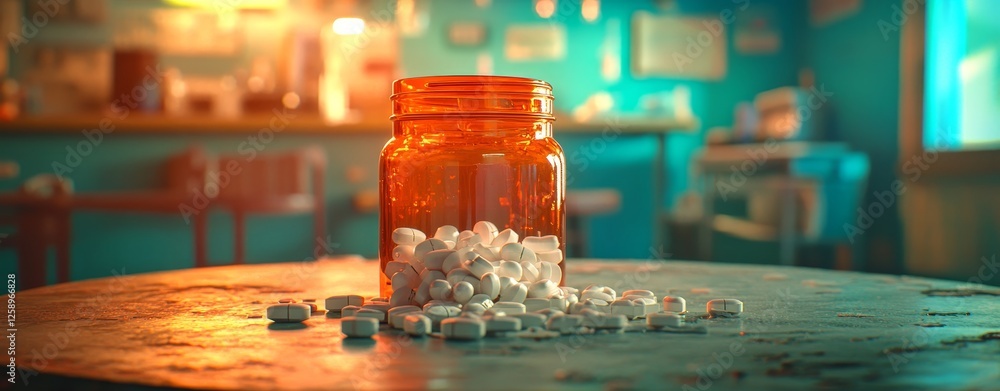 A dramatic stock photo of a bottle of opioid pills that has spilled on a mirror table, pills scattered, using ambient light for visual interest A dramatic stock photo of a bottle of opioid pills that has spilled on a mirror table, pills scattered, using ambient light for visual interest