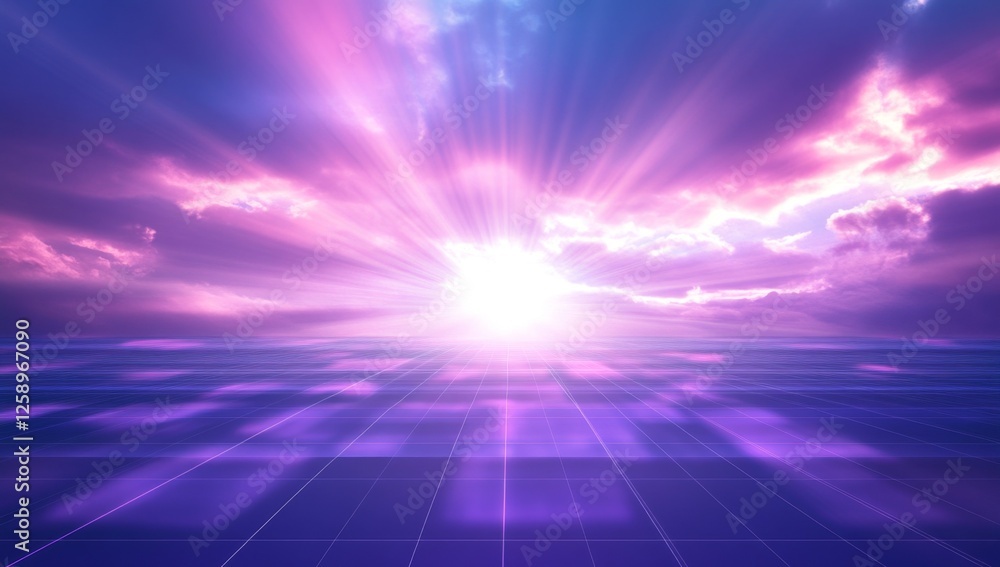 Fototapeta premium Purple sunrise over digital horizon, rays, clouds