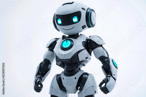 A white robot with blue eyes standing in front of a white background