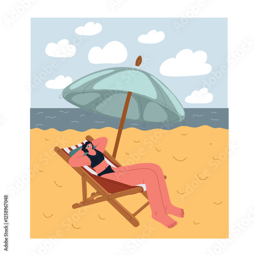 Cartoon vector illustration of a woman lounging on a beach chair, basking in the sun and enjoying peaceful relaxation