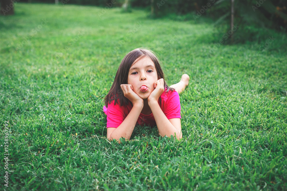 Playful girl child 7 years lying on the green grass, resting her chin on her hands and sticking out her tongue. Her bright pink shirt contrasts with the natural background, fun childhood moment Playful girl child 7 years lying on the green grass, resting her chin on her hands and sticking out her tongue. Her bright pink shirt contrasts with the natural background, fun childhood moment